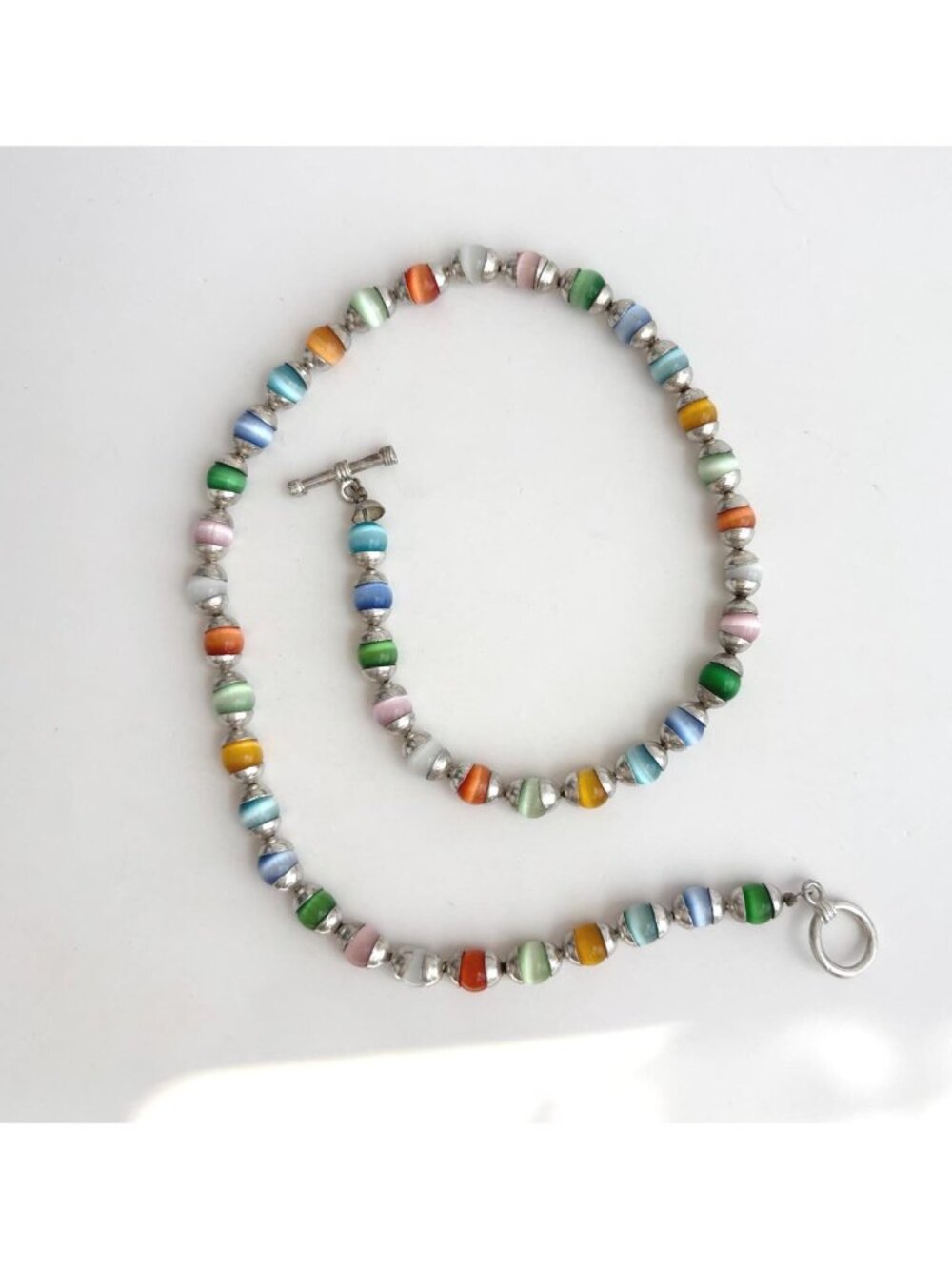 Rainbow Colored Cat's Eye Gemstone Beaded Vintage Sterling Silver 925 Necklace